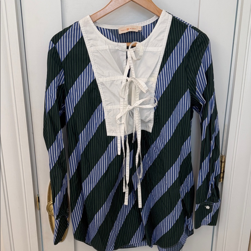Tory Burch Women’s Striped Tie-Front Blouse - Navy/Green/White size 8